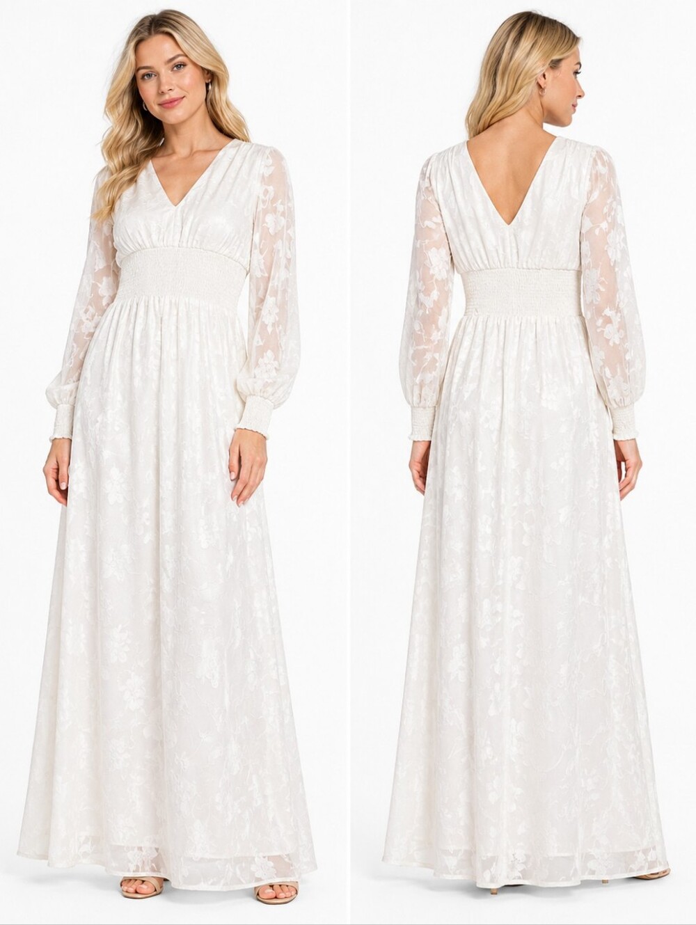 Adrianna Papell Floral Jacquard Chiffon Maxi Dress Women White Long Sleeve Size2